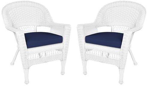 Jeco Wicker Chair with Blue Cushion, Set of 2, White/W00206-