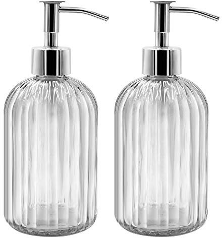 2 Pack Glass Soap Dispenser Bottle with Pump, 14 Oz Refillable Liquid Hand Jar Dispenser for Bathroom, Countertop, Kitchen, Laundry Room (Transparent)