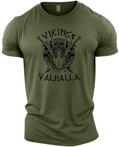 GYMTIER Sons of Odin - Casco Vikingos - Camiseta de Gimnasia para Hombre Entrenamiento de Culturismo Ropa Superior de Levantamiento, Verde, XXL