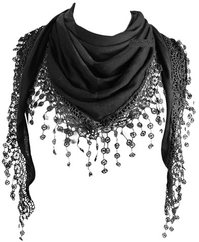 GFM® Einfarbiger Triangelschal aus Jersey mit Spitze und Quasten (TRI-PLN-KL-Schwarz)