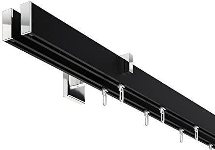 DécoProfi Gardinenstange Innenlauf 2-läufig Set Short rechteckig Schwarz/Verchromt I Länge: 480cm Aluminium für Wandmontage I Als Gardinenschiene & Vorhangstange geeignet