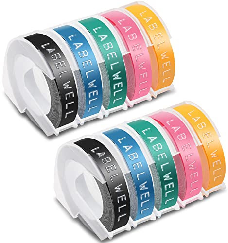 Labelwell 9mm x 3m Kompatibel Dynmo Junior Etikettenband Ersatz für Dynmo Omega Prägeband für Dynmo Omega Etikettenprägegerät Junior Prägegerät E-303 101 Labelmaker, Schwarz/See Blau Grün/Pink/Gelb