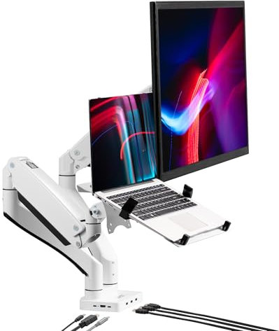 AVLT Dual 17”-43 Monitor Arm Desk Mount with 15 Laptop Tray and USB-C Docking Station, HDMI 4K60Hz, USB-A 5Gbps, Ethernet, 100W PD, Fits Two Flat/Curved Monitor - White