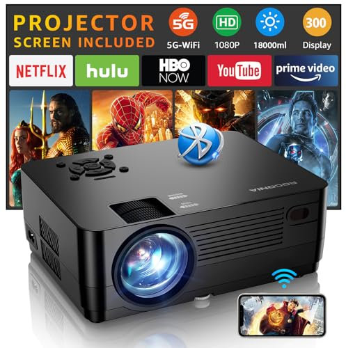 Beamer, 5G WiFi Bluetooth Native 1080P Beamer [Projector Screen Included], Roconia 12000LM Full HD Movie Projektor, 300 '' Display Unterstützung 4K Video, Kompatibel mit Smartphone/Laptop/TV Stick