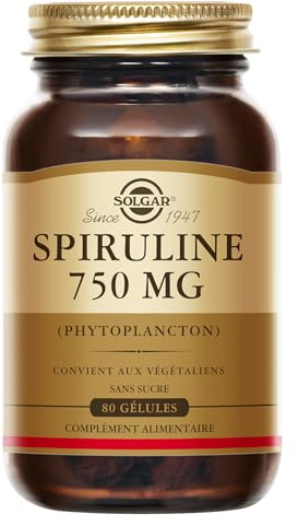 Solgar Spiruline - Tonus et Vitalité - Haute qualité - Défenses naturelles - Vegan - Riche en Protéines - Complément Alimentaire - Flacon de 80 gélules