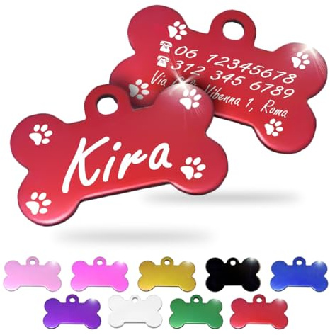 Ibera gifts - Medaglietta Cane Personalizzata, Targhetta Cane con Incisione in Alluminio Lucido a Forma di Osso, Perfetta per Animali di Piccola e Media Taglia, medaglietta cane (Zampe, Rosso)