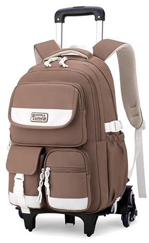 Kids Rolling Backpack for Girls, Boys Roller Backpack with Wheels, Solid-color Trolley Bags Wheeled School Bookbag on 6 Wheels - Brown