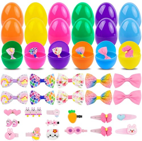 Wishstar Oeuf de Paques, 16 œufs de Pâques préremplis, oeuf surprise de avec des arcs et des cheveux, Cadeau Paques les filles Enfant, Chasse aux œufs de Pâques, Paniers de Pâques et Cadeaux de fête