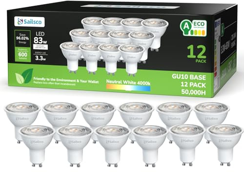 sailsco Classe A Lampadine GU10 LED Spot,3.3W (Equivalenti a 83W),600 Lumen,4000K Bianco Neutro,Risparmio Energetico LED GU10,Lunga Durata,Basso Consumo,36° Angolo del Fascio,Non Dimmerabile,12 Pezzi