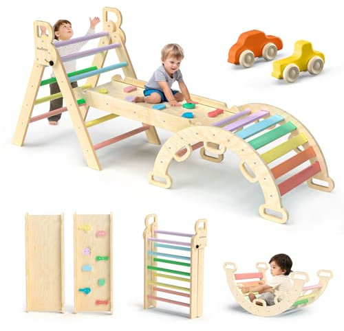 BlueWood Triangle Set 7in1 Foldable Baby Climbing Toys Wooden Montessori with Arch&Ramp&Ladder Climber Indoor Jungle Gyms for Toddlers - Rainbow
