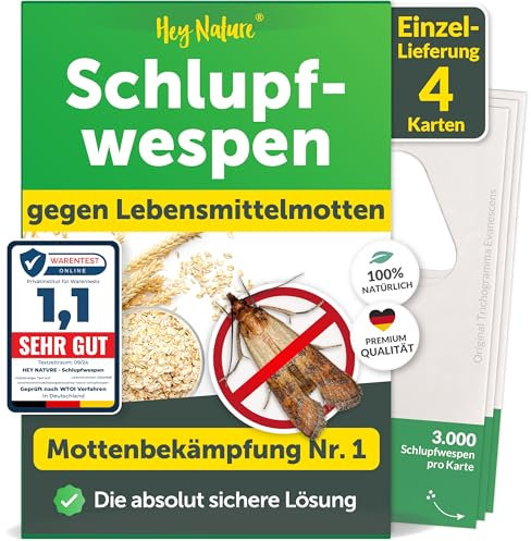 Schlupfwespen gegen Lebensmittelmotten - 1 x 4 Karten - Mit Schlupfwespen effektiv Lebensmittel-Motten bekämpfen - Alternative zu Lebensmittelmotten Falle, Mottenkugeln & Mottenspray