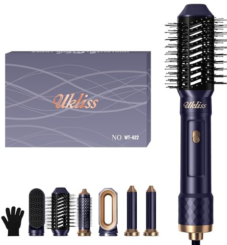 UKLISS Airstyler 6 in 1, Ionen Haartrockner & Haarstyler mit Luft Lockenbürste Auto, Thermal Brush, Rundbürstenföhn, Warmluftbürste, Geschenke Set für Frauen Föhnen, Volumen, Glätten, Locken (Blau)
