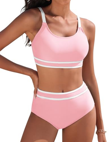 Yuson Girl Traje de Baño Conjunto Bikini Push Up de Rayas Deportivo Cintura Alta con Control de Vientre - Bañador Reductor Dos Piezas Secado Rapido