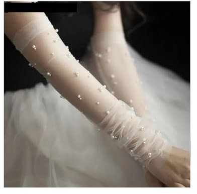 AYWTIUN Brauthandschuhe Brauthandschuhe aus Schiere Tüll, DIY, Lange Hochzeitshandschuhe for die Braut, Perlendekoration, Fingerlose Brautpartyhandschuhe(Ivory Fingerless)