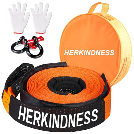HERKINDNESS Cuerda Remolque Coche, 10 Toneladas (22046 Lbs) Kit Emergencia Coche Cuerda Remolque de 5m X 5cm, con 2 Grilletes, Guantes y Bolsillo de Almacenamiento, No es Fácil de Romper