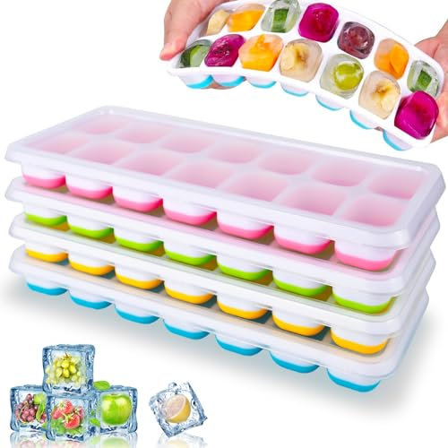 XUNIVERS Stampo Ghiaccio,4 Pezzi Vaschetta del Ghiaccio con Coperchio,Facile far Uscire 56 Cubetti Ghiaccio,100% Senza Bisfenolo A,Stampi per cubetti di ghiaccio impilabili per DIY Alimenti,bevande