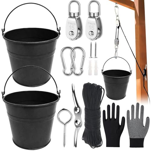 Poulie Enfants,Poulie avec Seau en Métal,Accessoire Cabane Enfant Exterieur,Accessoires pour Cabane dans Les Arbres,Jouets de Jardin pour Enfants de 3 Ans et Plus