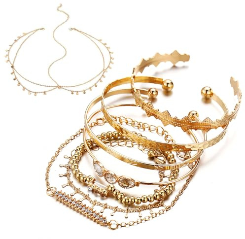 Guyode 8 stycken armbandsset och 1 st huvudkedja guld med runda paljetter justerbar böhmiskt smyckeset pirater smycken för cosplay, karneval och Halloweenfest