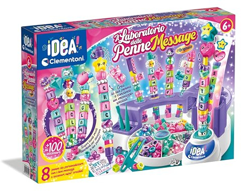 Clementoni Idea - Laboratorio delle Penne Message, Kit Creativo per Bambini 6+ Anni, con 100+ Accessori e 8 Penne Personalizzabili con Lettere e Charms, Lingua Italiana, 18219
