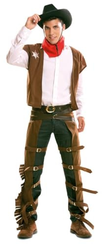 My Other Me - Costume da jeans classico da uomo, taglia S. Include carote marrone scuro con frange e cinghie con fibbie, gilet abbinato, fazzoletto rosso e cintura. Conquista il selvaggio West.