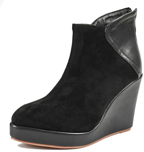 LarDorLin Mujer Tacón de Cuña Invierno Plataforma Botas Cortas Zip Oficina Tacón Alto Warm Puntiagudo Elegante Botín Negro Talla 38 EU (39 Cn)