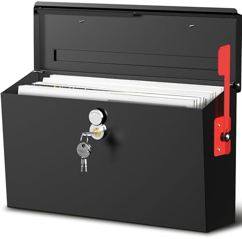Large Wall Mount Mailbox for Outside with Flag, 15.9''x9.6''x5.2'' Locking Mailbox Wall Mounted, Galvanized Steel Rustproof Metal Mailbox, Modern Mail Box for House Outside, Black