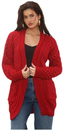 Ladies Chunky Cable Knit Cardigan Long Sleeve Open Front Sweater with Pockets Casual Oversized Knitwear Soft Acrylic Jumper Autumn Winter Spring Layering Coatigan Cardian Open Front Red M