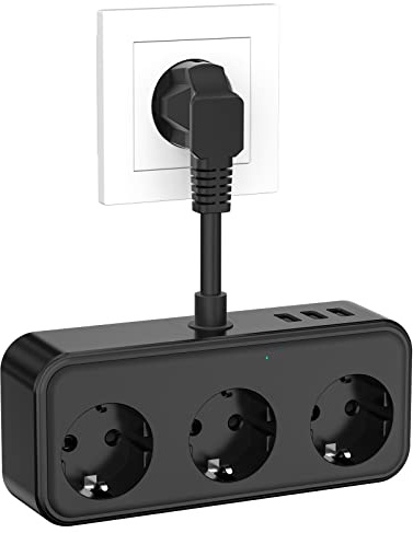 Steckdosenleiste mit USB, Doppelstecker für Steckdose 3 Fach und 3 USB, 6 in 1 Steckdosenadapter, Verteilersteckdose Steckerleiste Mit Kabel