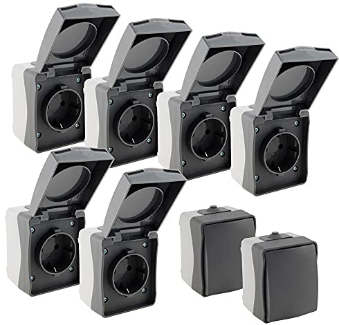 ChiliTec Feuchtraum Set 6x Steckdose 2x Schalter Aufputz Nuqui Einzeln Innen Außen IP54 mit Klappdeckel wetterbeständig 250V Grau Anthrazit