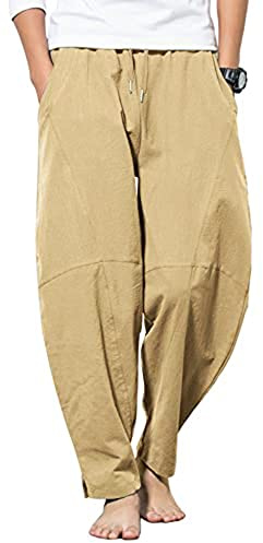YAOBAOLE Pantaloni uomo cotone lino harem pantaloni uomo con tasche pantaloni casual uomo, cachi, M