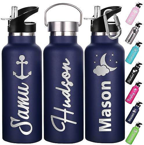Xihedfd Gourde Personnalisée Avec Paille 350ml 750ml Nom Gravé Logo Bouteille Isotherme Bouteille d'eau Personnalisée En Acier Inoxydable Cadeau pour l'École Le Sport Le Bureau l'Extérieur