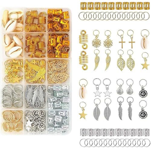 220 Stück Schmuck Haarspiralen Clips, Dreadlocks Haar Accessoire Set, Eine Vielzahl von Modestilen Zubehör für Haargeflechte Haarschlauch Perlen zum Frauen Männer Zöpfe Dekoration mit Aufbewahrungsbox