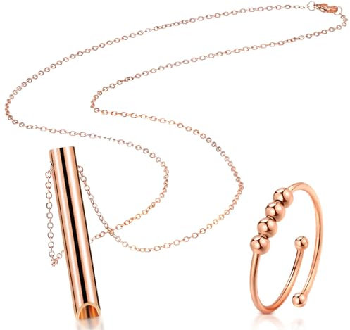 Stressabbau Halskette Ring Achtsame Atmung Halskette Edelstahl Atem Kette Tragbare Atemübungen Halskette Halskette Gegen Angst Halskette und Ring Set für Herren Damen Meditation Entspannung (Rosegold)