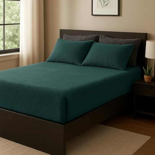 Brillars Teddy Fleece Fitted Sheet Extra Deep Bedding Thermal Winter Warm Soft Luxury Fluffy Cuddly Cosy Bed Sheets Easy Care Washable (Green, Double)