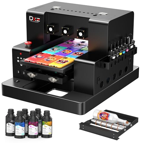 DXZ A3 UV Printer,Automatic L805 UV Flatbed Cylinder Printer with Varnish 100% Transfer Rate for Phone Case,Acrylic,Metal,Leather,Golf,Bottle,2-Year Ink Included