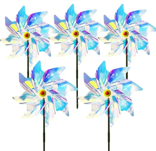5 Stück Windräder Vogelabwehr, Reflektierende Windmühle,Taubenabwehr Windrad,Garten Obstgarten Balkon Vogelabwehr,Gartendekoration für draußen (transparent-B)