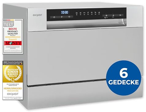 Exquisit Mini-Geschirrspüler, Tischspülmaschine, 55 cm breit, spülmaschine klein, Auto Türöffner, ECO-Modus, GSP5206-030D silber