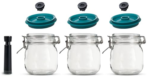 Airtender 3 couvercles sous vide avec 3 bocaux Kilner® et pompe à vide - Gardez les aliments frais jusqu'à 5 fois plus longtemps et plus encore (1000 ml)