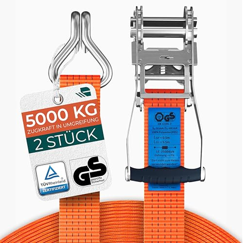 Cinghie a cricchetto pesanti, 5000 kg, 4 m, certificate TÜV/GS e DIN, cinghie con cricchetto e ganci, istruzioni QR Label (lingua italiana non garantita), sicure e robuste