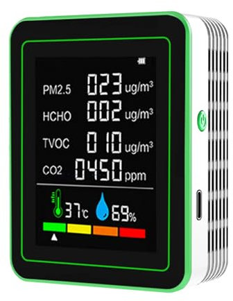 Kocusu Moniteur de qualité de l'air intérieur, moniteur de CO2 6 en 1 avec écran LCD, capteur de CO2, détecteur de dioxyde de carbone avec HCHO, TVOC, PM2,5, température, humidité pour la maison, le