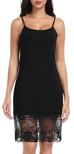 Lovasy Sottovesti da Donna Corto Pizzo Sottoveste con Spalla Sexy Lingerie Sottoveste Gonna Curvy Camicia da Notte Senza Maniche,A-Nero,S