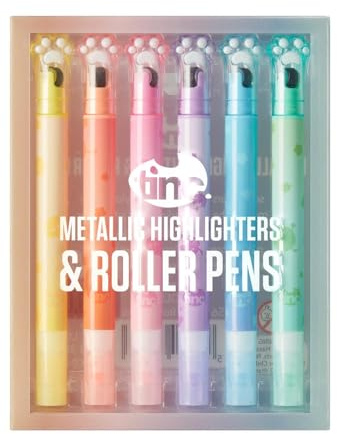 Tinc - Stylos Roller et Surligneurs Pattes de Chat Métalliques - Lot de 6 Couleurs Scintillantes avec Motifs Variés - Accessoire de Papeterie Créative pour Dessin et École - Multicolore - Lot de 6