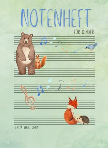 Notenheft für Kinder : große Linien Notenbuch für den Musik-Unterricht, A5 Blanko Anfänger Notenlinienheft, Musiktheorie Grundschule: Waldtiere Hochformat