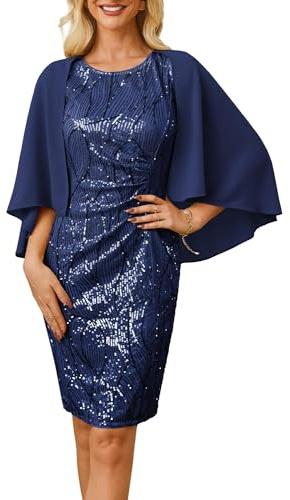 GRACE KARIN Women's Sequin Cocktail Dress with Chiffon Shawl Knee Length Wedding Guest Dress for Evening Gown Party Navy Blue M