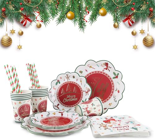 Fancysky 60 Pcs Vajilla de Papel de Navidad, Juego de Plato y Vaso de Papel Navideño, Servilletas Navideñas, Set de Vajilla para Fiesta de Navidad, Platos de fiesta de Navidad