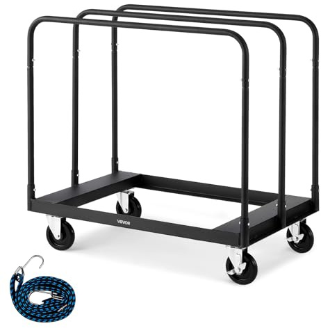 VEVOR Carrello per Cartongesso, Carico 816 kg, Carrello per Pannelli in Acciaio con Ruote da 12,5 mm, per Cartongesso in Legno con Cinghia di Ancoraggio e 3 Corrimano Laterali per Garage, Nero