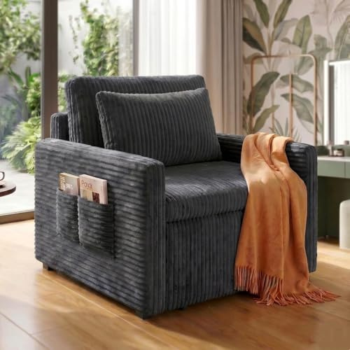 Xbro 3-i-1 utdragbar sovfåtölj, förvandlingsbar bäddsoffa för studentbostäder, små rum och gäster, manchestertyg, 83 x 83 x 75 cm/säng 196 x 69 x 66 cm, mörkgrå