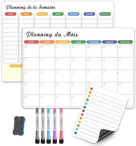 SONNELD Planning Frigo Magnétique Effaçable – Semainier et Calendrier Mensuel Magnétique Frigo – Organisation Familiale, Menus, Tâches & Rendez-vous