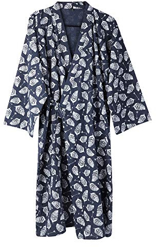 Qchomee Men's Kimono Robes Cotton Bademantel Dressing Gown Khan Steamed Clothing Bathrobes Long Sleeve Sleepwear Loungewear Nightwear, L, Navy