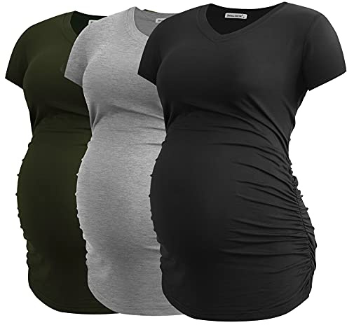 Smallshow Ropa de Maternidad con Cuello en V para Mujeres Blusa de Embarazo con Pliegues Laterales Set de 3